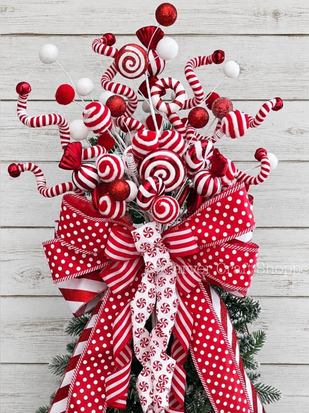 Christmas candy cane tree topper peppermint red white